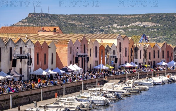 Sardinia, boats in the river Temo and houses on the promenade, guests at the restaurants with outdoor catering, Bosa, Europe, province of Oristano, Italy, architecture, view, outdoor catering, boats, locals, relaxation, recreation, food, river Temo, riverbank, leisure, buildings, guests, sky, landscape, people, promenade, restaurants, sightseeing, seating, summer, umbrellas, city, daytime, tourism, tourists, drinking, shore, surroundings, urban, water, residential, charming, picturesque, Mediterranean, tourist, warm