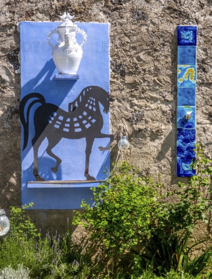Sardinia, artwork wall fresco with horse symbol, white jug and mosaic stones, Tinnura, Europe, Province of Oristano, Italy, architecture, design, detail, heritage, colour, craft, creativity, culture, art history, art installation, art scene, artwork, painting, mosaic stones, horse symbol, sightseeing, stones, symbolism, technique, texture, tourism, wall fresco, antique, decorative, elementary, historical, Italian, artistic, local, Mediterranean, Mediterranean culture, traditional, white jug