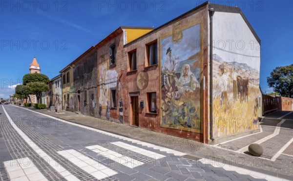 Sardinia, house with murals, Sardinian sight, Tinnura, Europe, Province of Oristano, Italy, architecture, attraction, exterior, detail, detail view, village, heritage, colour, facade, building, history, house, identity, island destination, culture, art, painting, murals, sight, sightseeing, symbolism, scene, tourism, mural, unique, creative, artistic, picturesque, Mediterranean, regional, touristic, traditional