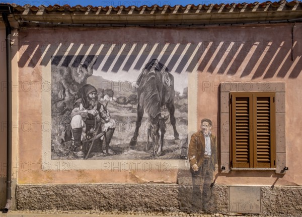 Sardinia, house with murals, Sardinian landmark, Tinnura, Europe, Oristano province, Italy, architecture, exterior, exterior, charm, detail, village, heritage, colours, facade, building, history, house, culture, art, artist, murals, travel photography, landmark, sightseeing, symbolism, tourism, mural, attractive, decoration, historical, creative, artistic, rural, picturesque, Mediterranean, regional, traditional