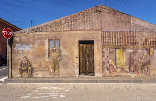 Sardinia, house with murals, Sardinian landmark, Tinnura, Europe, Province of Oristano, Italy, architecture, atmosphere, exterior, charm, details, colours, facade, building, history, house, culture, art, murals, landmark, sightseeing, street, tourism, holiday, mural, mural art, decoration, unique, creative, artistic, rural, picturesque, Mediterranean, regional, traditional