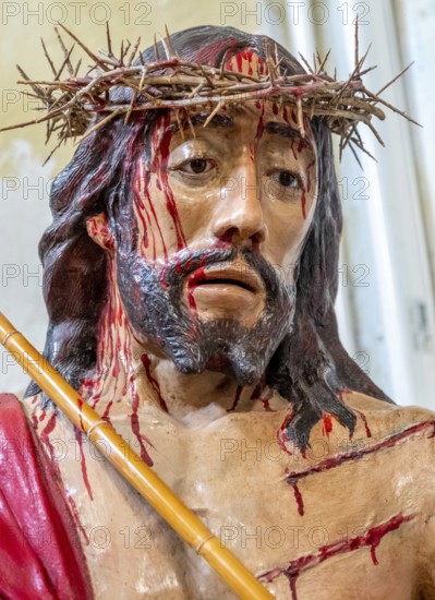 Sardinia, maltreated and bleeding face of Jesus with crown of thorns, Bosa, Europe, Province of Oristano, Italy, devotion, expression, bible, representation, devotional, crown of thorns, emotion, redemption, history, face, faith, saint, holiness, iconography, Jesus, crucifixion, culture, art, suffering, Mediterranean, male, close-up, sacrifice, portrait, religion, pain, sightseeing, symbolism, atonement, tourism, veneration, bleeding, Christian, maltreated, sacred, spirituality