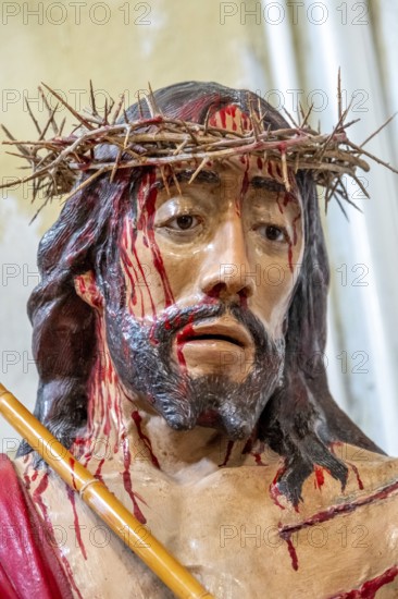 Sardinia, maltreated and bleeding face of Jesus with crown of thorns, Bosa, Europe, Province of Oristano, Italy, devotion, expression, meaning, Bible, Christianity, representation, detail, crown of thorns, narrative, figure, face, faith, God, icon, Jesus, church, crucifixion, culture, art, suffering, sacrifice, sightseeing, sculpture, symbol, tourism, tradition, bleeding, Christian, emotional, maltreated, holy, historical, cultic, religious, sacred, spiritual