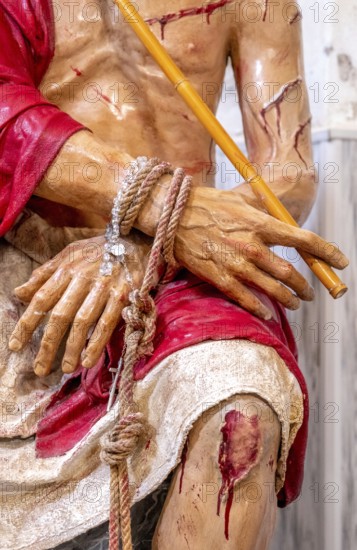 Sardinia, maltreated and bleeding Jesus figure, bound, Bosa, Europe, Province of Oristano, Italy, altar scene, old town, devotion, expression, blood, Christianity, representation, detail, emotion, figure, faith, belief, craft, wood, iconography, Jesus Christ, Jesus figure, church, culture, art, artwork, suffering, sacrifice, religion, pain, sightseeing, sculpture, statue, symbols, symbolism, tourism, tradition, veneration, wounds, Christian, carved, historical, Italian, religious, spirituality