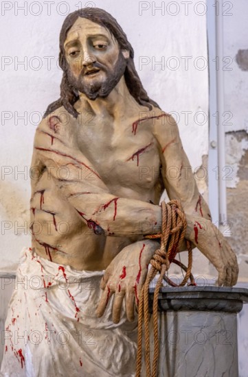 Sardinia, maltreated and bleeding Jesus figure, Bosa, Europe, Province of Oristano, Italy, worship, devotion, expression, bible, representation, detail, emotion, redemption, figures, faith, craft, saviour, holiness, Jesus figure, church, crucifixion, culture, art, suffering, meditative, metal, relief, religion, sightseeing, sculpture, statue, symbol, symbolism, theme, tourism, injury, antique, figurative, bleeding, Christian, maltreated, historical, catholic, religious art, sacred, spirituality