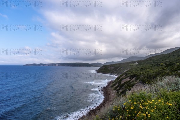Sardinia, mountains, sea and coast, coastal landscape and blue sky with clouds, Villanova Monteleone, Europe, province of Sassari, Italy, view, viewpoint, recreation, exploration, open space, horizon, hill, idyll, coast, coastal landscape, landscape, sea, Mediterranean, nature, panorama, region, travel, tranquillity, sightseeing, summer, scenery, daylight, tourism, environment, holiday, clouds, blue sky, rocky, clear, picturesque, Mediterranean, western Mediterranean