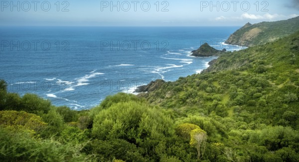 Sardinia, Mountainous coastal landscape by the sea, blue sky with clouds, Bosa, Europe, Province of Oristano, Italy, view, mountains, mountainous coastal landscape, elevation, rocks, rock formations, photography, sky, idyll, coast, coastline, landscape, sea, Mediterranean, Mediterranean region, nature, panorama, regionality, travel, sights, sightseeing, summer, south, daylight, tourism, holiday, water, clouds, cloudy, blue sky, peaceful, picturesque, Mediterranean