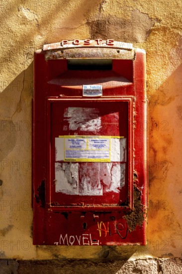 Sardinia, red letterbox on orange house wall, Bosa, Europe, Province of Oristano, Italy, architecture, outdoor, letterbox, design, detail, colour, facade, building, house wall, means of communication, contrast, culture, material, sightseeing, summer, city, location, structure, daylight, texture, tourism, urban, wall, decoration, Italian, Mediterranean, modern, orange, postal, red, southern Europe