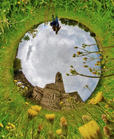 Sardinia, Abbey Church of Santissima Trinitàdi Saccargia, Romanesque church, fisheye shot, fisheye shot, 360 degree shot, Codrongianos, Europe, Province of Sassari, Italy, abbey church, place of worship, chiesa, fisheye lens, fisheye lens, religious community, place of worship, holy site, IT, church, parish, denomination, travel, destination, religion, religious site, sightseeing, super wide-angle lens, tourism, meadows and fields, fisheye image, fisheye lens, insta360 camera