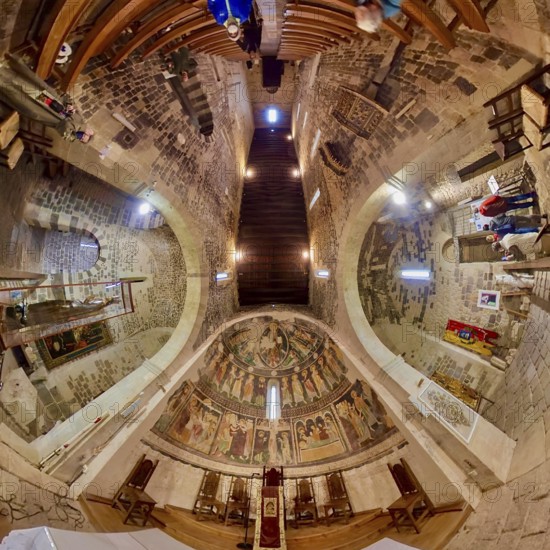 Sardinia, Santissima TrinitÃƒÂ di Saccargia, Romanesque church, frescoes, mural painting, fisheye shot, fisheye lens, 360 degree shot, Codrongianos, Europe, Province of Sassari, Italy, abbey church, place of worship, chiesa, fisheye lens, fisheye lens, religious community, place of worship, holy site, IT, church, church community, denomination, travel, destination, religion, religious site, sightseeing, super wide angle lens, tourism, fisheye image, fisheye lens, insta360 camera