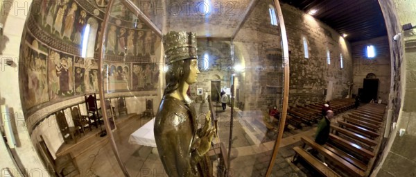 Sardinia, Madonna figure with crown, Santissima TrinitÃƒÂ di Saccargia, Romanesque church, fisheye image, Codrongianos, Europe, Province of Sassari, Italy, 360 degree image, abbey church, place of worship, chiesa, fisheye image, fisheye lens, fisheye lens, religious community, place of worship, holy site, IT, church, church community, denomination, travel, destination, religion, religious site, sightseeing, super wide angle lens, tourism, fisheye image, fisheye lens, insta360 camera