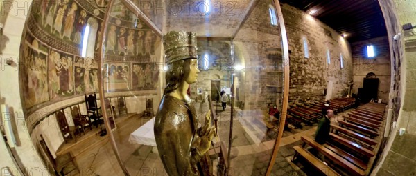 Sardinia, Madonna figure with crown, Santissima TrinitÃƒÂ di Saccargia, Romanesque church, fisheye image, Codrongianos, Europe, Province of Sassari, Italy, abbey church, place of worship, chiesa, religious community, place of worship, holy site, IT, church, church community, denomination, travel, destination, religion, religious site, sightseeing, tourism