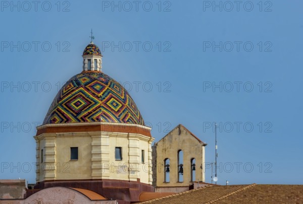 Sardinia, Church of Saint Michael, colourful bell tower, church bells, Alghero, Europe, Province of Sassari, Italy, old town, exterior, monument, detail, heritage, facade, history, bells, place of worship, sky, island, church, church tower, municipality, culture, art, Mediterranean, mosaic, travel, Saint Michael, sacred building, sight, sightseeing, summer, city, structure, daylight, tourism, tradition, holiday, landmark, famous building, historical architecture, catholic, mediterranean, religious