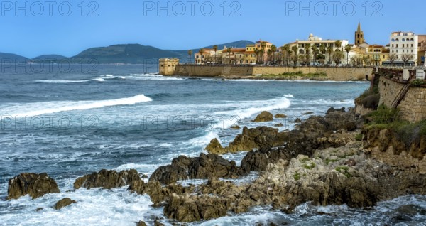 Sardinia, coastal wall, coast and beach, city wall, Torre San Giacomo, Alghero, Europe, Province of Sassari, Italy, old town, architecture, view, fortification, building, harbour, idyllic, culture, coast, landscape, sea, Mediterranean, promenade, travel, sight, sightseeing, summer, city view, beach, Torre San Giacomo, tourism, tower, holiday, landmark, historical, Italian, picturesque, Mediterranean, regional architecture, stone, traditional