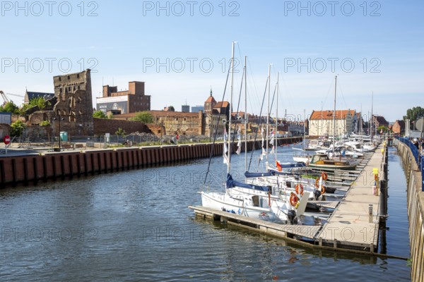 Harbour basin with crane gate, GdaÅsk, Gdansk, Baltic Sea coast, Baltic Sea, pomorskie, Pomeranian Voivodeship, Poland, Gdansk, PL, Europe, aerial photo, birds-eyes view, aerial photography, aerial photography, overview, bird's eye view