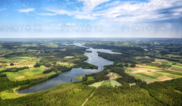 Lakeland, Pomerania, reflection, wooded island, Åakowo, Baltic Sea coast, pomorskie, Poland, Zakowo, PL, Europe, aerial view, birds-eyes view, aerial photography, aerial photography, overview, bird's eye view, northern Poland