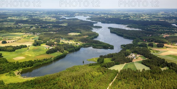 Lakeland, Pomerania, reflection, wooded island, Åakowo, Baltic Sea coast, pomorskie, Poland, Zakowo, PL, Europe, aerial view, birds-eyes view, aerial photography, aerial photography, overview, bird's eye view, northern Poland