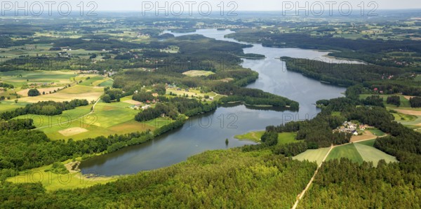Lakeland, Pomerania, reflection, wooded island, Åakowo, Baltic Sea coast, pomorskie, Poland, Zakowo, PL, Europe, aerial view, birds-eyes view, aerial photography, aerial photography, overview, bird's eye view, northern Poland