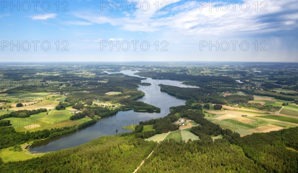 Lakeland, Pomerania, reflection, wooded island, Åakowo, Baltic Sea coast, pomorskie, Poland, Zakowo, PL, Europe, aerial view, birds-eyes view, aerial photography, aerial photography, overview, bird's eye view, northern Poland