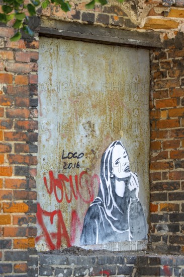 Grafitti with young woman, street scene, GdaÅsk, Gdansk, Baltic Sea coast, Baltic Sea, pomorskie, Pomeranian Voivodeship, Poland, Gdansk, PL, Europe, aerial view, birds-eyes view, aerial photography, aerial photography, overview, bird's eye view