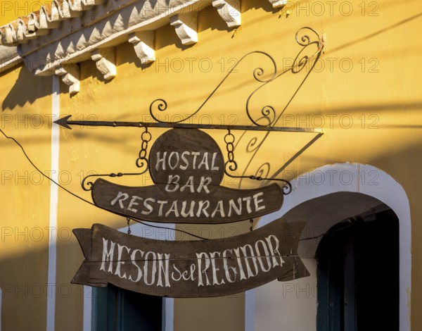 Hotel sign Hostal Bar Restaurante Meson del Regidor, Trinidad, Cuba, Sancti Spíritus, Sancti Spíritus