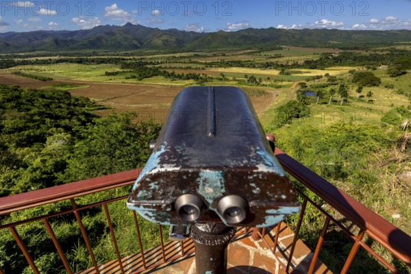 Mirador, Viewpoint over the Ingenios Valley, Valle de los Ingenios with binoculars, Cuba, Sancti Spíritus, Sancti Spíritus