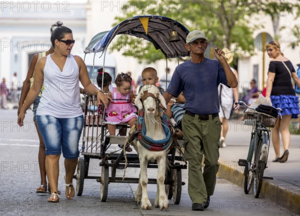 &lt, children's amusement, children's carriage pulled by a goat, streetlife in the city centre of Santa Clara at the Parque de Santa Clara, Santa Clara, Cuba, Villa Clara