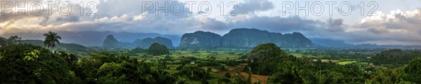 Vinales valley with karst mountains, view from Hotel Los Jazmines into the valley, panoramic view, hills, Viñales, Cuba, Pinar del Río, Cuba