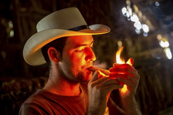 Tobacco farmer, tobacco farmer Luis Manne Alvares Rodrigues lights a Havana cigar, tobacco farm in the Vinales Valley, Viñales, Cuba, Pinar del Río, Viñales, Pinar del Río