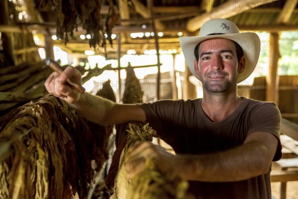 Tobacco farmer, tobacco farmer Luis Manne Alvares Rodrigues smokes a Havana cigar, tobacco farm in the Vinales Valley, Viñales, Cuba, Pinar del Río, Viñales, Pinar del Río