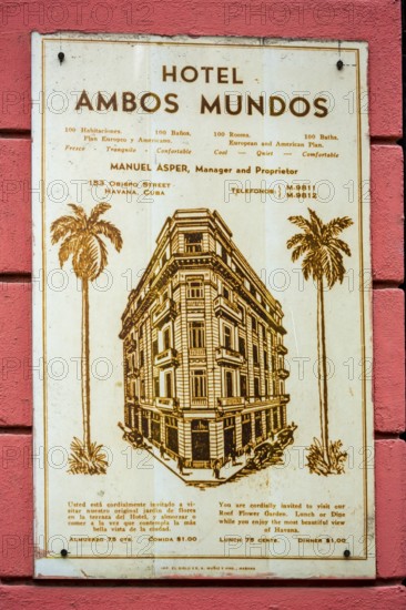 Hotel Amos Mundos, hotel sign on the facade, hotel of the writer Ernest Hamingway in Havana, La Habana, Cuba, Cuba
