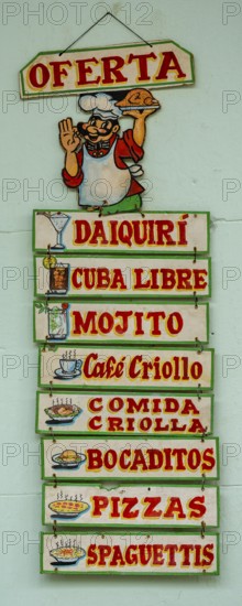 Menu and menu card, menu outside a restaurant in the streets of Vinales, Daiquiri, Cuba libre, Mojito, Cafe crillo, Bocaditos, Pizzas, Spaguettis, Viñales, Cuba, Pinar del Río, Cuba, Viñales, Pinar del Río