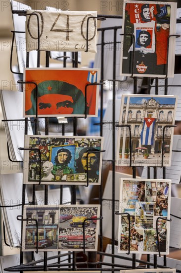 Kiosk saleswoman, Cuban, postcard stand with postcards of Ernesto Che Guevara, La Habana, Cuba, Caribbean, Central America, Cuba, Europe, aerial view, birds-eyes view, aerial photography, aerial photography, overview, bird's eye view