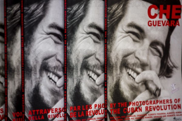 Antiquarian bookshop, used books about Ernesto Che Guevara at the flea market in the streets of Old Havana, La Habana, Cuba, Caribbean, Central America, Cuba, Europe, aerial photo, birds-eyes view, aerial photography, aerial photography, overview, bird's eye view