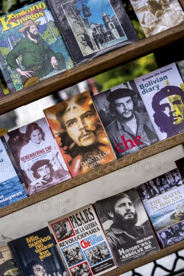 Second-hand bookshop, used books about Ernesto Che Guevara and Fidel Castro at the flea market in the streets of Old Havana, La Habana, Cuba, Caribbean, Central America, Cuba, Europe, aerial photo, birds-eyes view, aerial photography, aerial photography, overview, bird's eye view