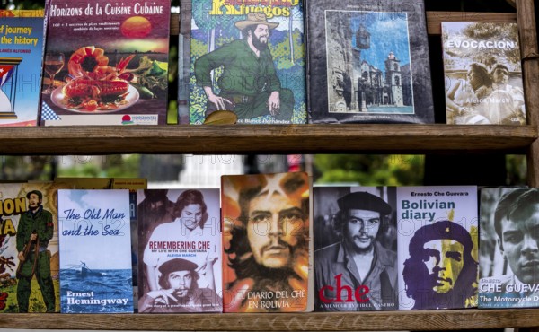 Second-hand bookshop, used books about Ernesto Che Guevara and Fidel Castro at the flea market in the streets of Old Havana, La Habana, Cuba, Caribbean, Central America, Cuba, Europe, aerial photo, birds-eyes view, aerial photography, aerial photography, overview, bird's eye view