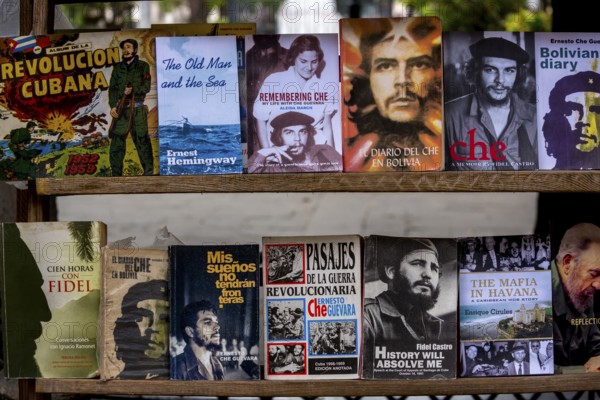 Second-hand bookshop, used books about Ernesto Che Guevara and Fidel Castro at the flea market in the streets of Old Havana, La Habana, Cuba, Caribbean, Central America, Cuba, Europe, aerial photo, birds-eyes view, aerial photography, aerial photography, overview, bird's eye view