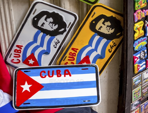Painted licence plates with Ernesto Che Guevara and the Cuban flag, Cuban flag, La Habana, Cuba, Caribbean, Central America, Cuba, Europe, aerial photo, birds-eyes view, aerial photography, aerial photography, overview, bird's eye view
