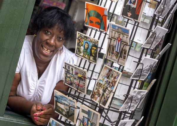 Kiosk saleswoman, Cuban, postcard stand with postcards of Ernesto Che Guevara, La Habana, Cuba, Caribbean, Central America, Cuba, Europe, aerial view, birds-eyes view, aerial photography, aerial photography, overview, bird's eye view