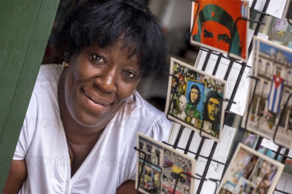 Kiosk saleswoman, Cuban, postcard stand with postcards of Ernesto Che Guevara, La Habana, Cuba, Caribbean, Central America, Cuba, Europe, aerial view, birds-eyes view, aerial photography, aerial photography, overview, bird's eye view