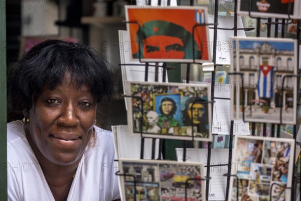 Kiosk saleswoman, Cuban, postcard stand with postcards of Ernesto Che Guevara, La Habana, Cuba, Caribbean, Central America, Cuba, Europe, aerial view, birds-eyes view, aerial photography, aerial photography, overview, bird's eye view