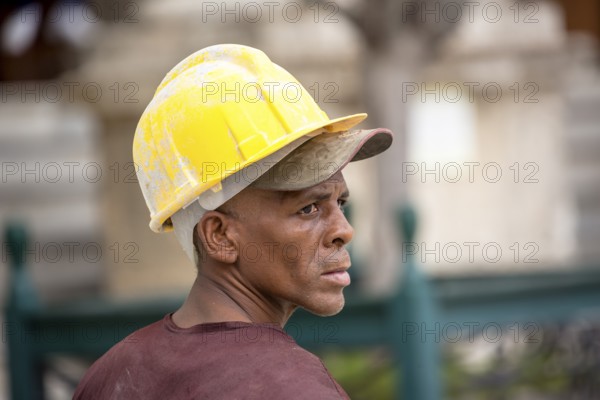 Portrait of a Cuban construction worker, La Habana, Cuba, Caribbean, Central America, Cuba, Europe, aerial view, birds-eyes view, aerial photography, aerial photography, overview, bird's eye view