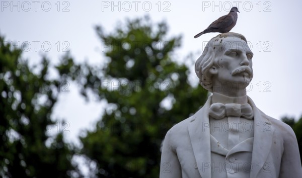 Marble statue of the first president of the Republic of Cuba after independence Carlos Manuel de Cespedes with dove on his head, La Habana, Cuba, Caribbean, Central America, Cuba, Europe, aerial view, birds-eyes view, aerial photography, aerial photography, overview, bird's eye view