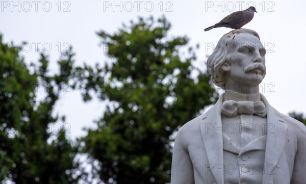 Marble statue of the first president of the Republic of Cuba after independence Carlos Manuel de Cespedes with dove on his head, La Habana, Cuba, Caribbean, Central America, Cuba, Europe, aerial view, birds-eyes view, aerial photography, aerial photography, overview, bird's eye view