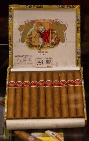 Well-known cigar brand for Cuban cigars Romeo y Julieta in a Cuban cigar shop in the old town of Havana, Cuban cigars in the salesroom of a cigar dealer, La Habana, Cuba, Caribbean, Central America, Cuba, Europe, aerial view, birds-eyes view, aerial photography, aerial photography, overview, bird's eye view