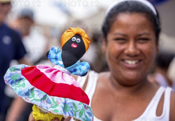 Street vendor with sewn rag doll, La Habana, Cuba, Caribbean, Central America, Cuba, Europe, aerial view, birds-eyes view, aerial photography, aerial photography, overview, bird's eye view