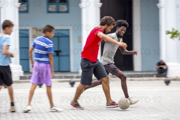 Cuban youths playing football in the marketplace, La Habana, Cuba, Caribbean, Central America, Cuba, Europe, aerial view, birds-eyes view, aerial photography, aerial photography, overview, bird's eye view