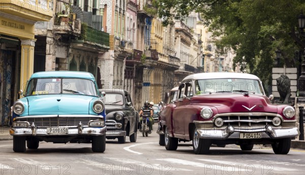 Oldtimer in the street scene, Old American street cruiser on the streets of Havana, Taxi, La Habana, Havana, Cuba, Cuba, Europe, aerial view, birds-eyes view, aerial photography, aerial photography, overview, bird's eye view