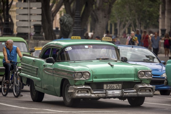 Green vintage car in street scene, Old American street cruiser on the streets of Havana, Taxi, La Habana, Havana, Cuba, Cuba, Europe, aerial view, birds-eyes view, aerial photography, aerial photography, overview, bird's eye view