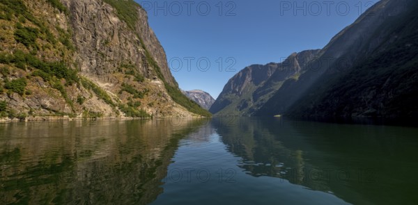 An approaching excursion boat on a beautiful fjord reflecting the light, surrounded by rocks partly overgrown with trees, above a bright blue sky. Gudvangen, Sogn og Fjordane, Norway, Scandinavia, Europe, Gudvangen, NOR, travel, tourism, destination, sightseeing, sea voyage, Hurtigruten, Hurtigruten trip, tourism, Norwegian, Scandinavian, tourist, cruise, adventure trip, mountains, tourist trip, boat trip, river, rocks, tourist ship, water, waters